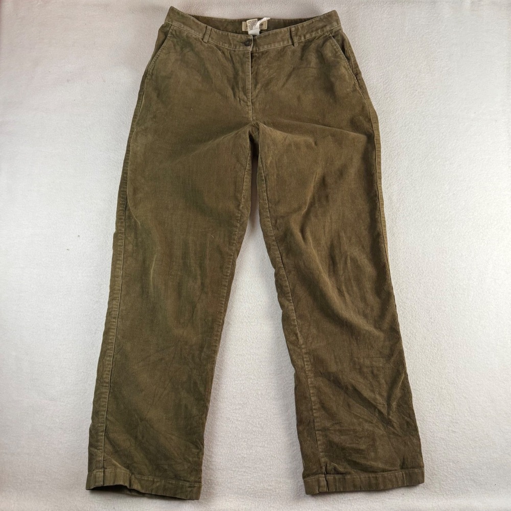 LL Bean Womens Olive Green Corduroy Favorite Fit Straight Leg Pants Size 10 Tall